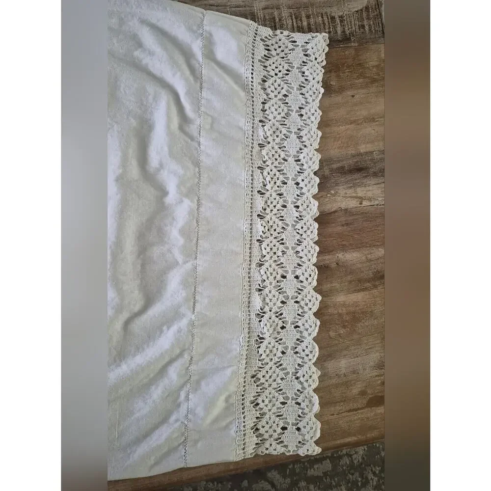 Vintage Handmade White Lace-Trim Cotton Pillowcase 35x21.5 Standard/Queen
